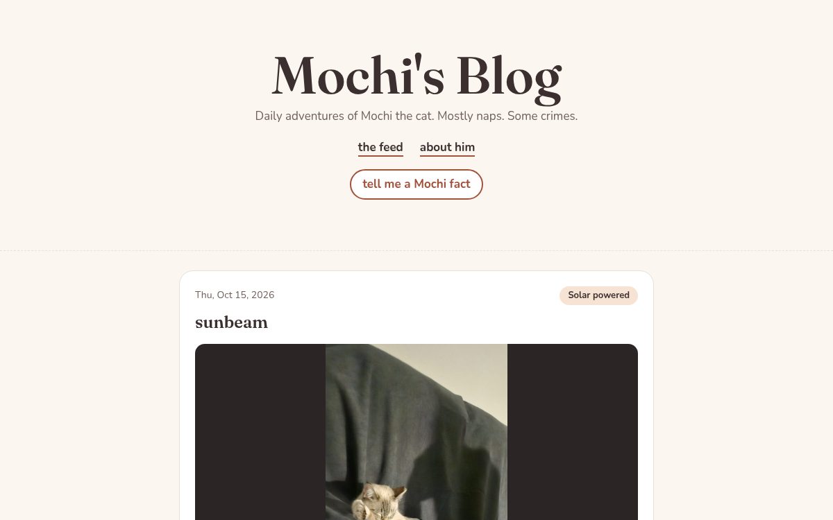 Mochi's Blog homepage, a cream-colored blog header above a photo of Mochi napping in a sunbeam